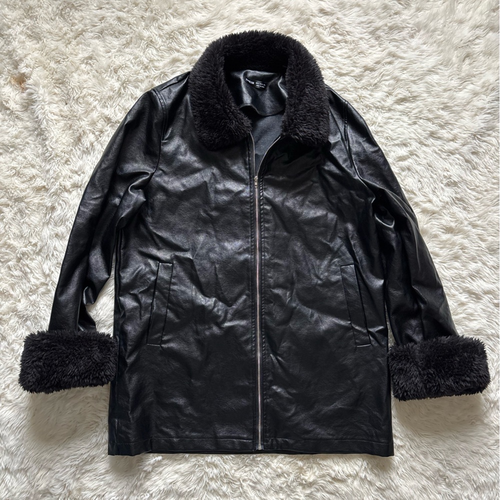 SHEIN Black Faux Leather Jacket with Fur Trim